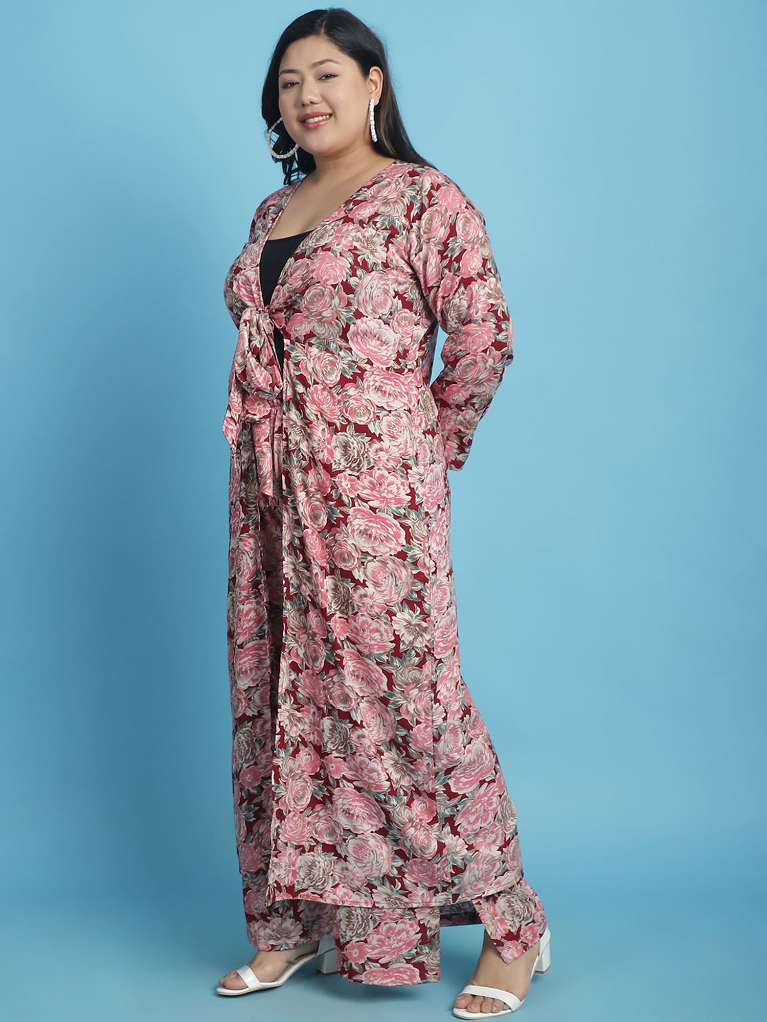 theRebelinme Maroon Floral Print Long Shrug