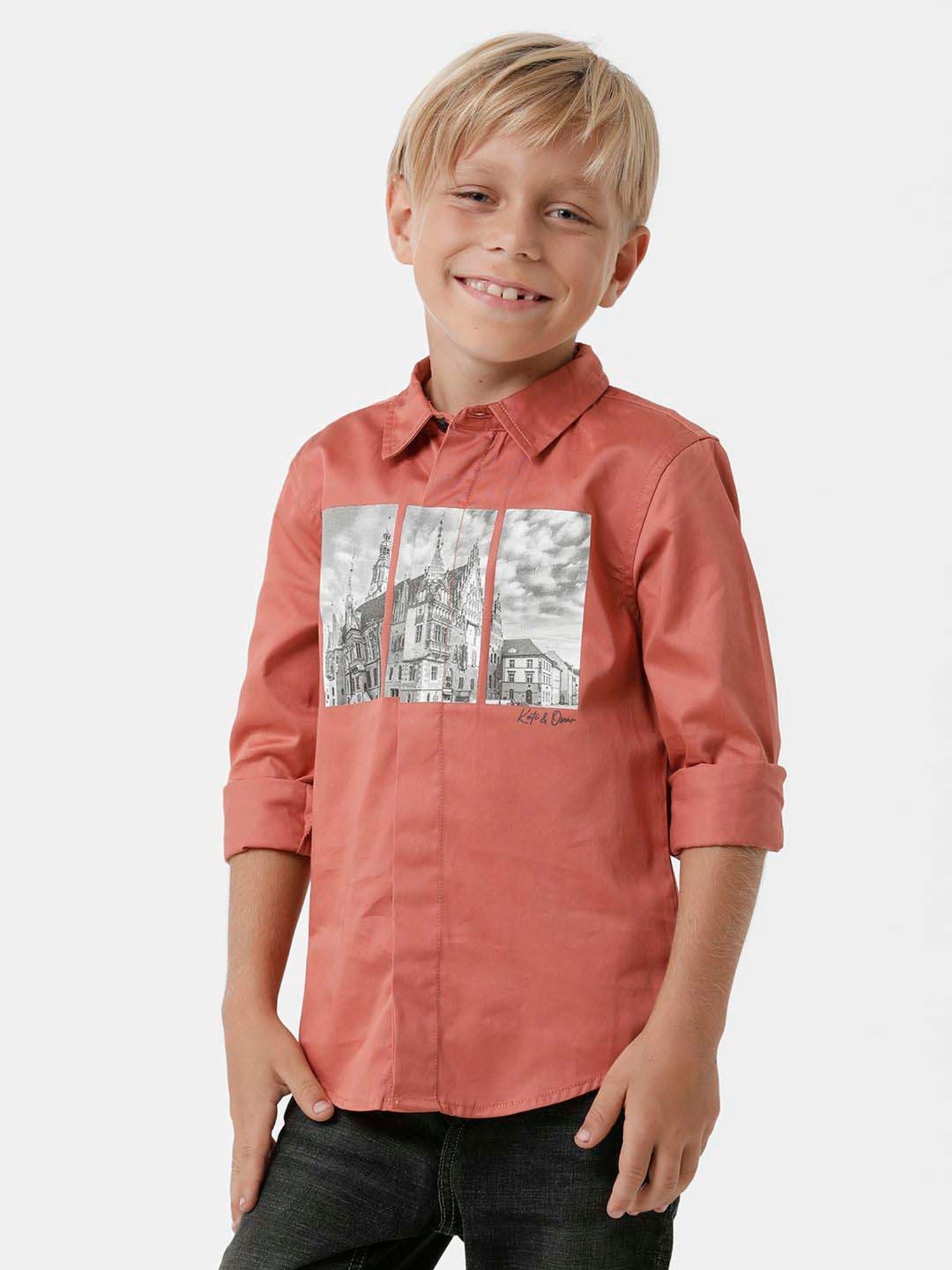 Kate & Oscar Kids Rust Printed Full Sleeves Shirt