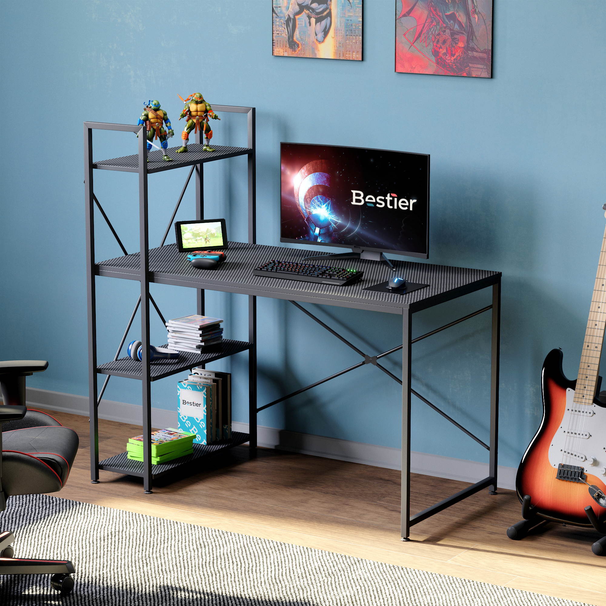 Bestier 63 Inch Computer Desk with Storage Shelves, Modern Bookshelf Desk with Headphone Hook Large Workstation Writing Desk with Reversible Bookshelves Home Office Work Table Study Desk Grey