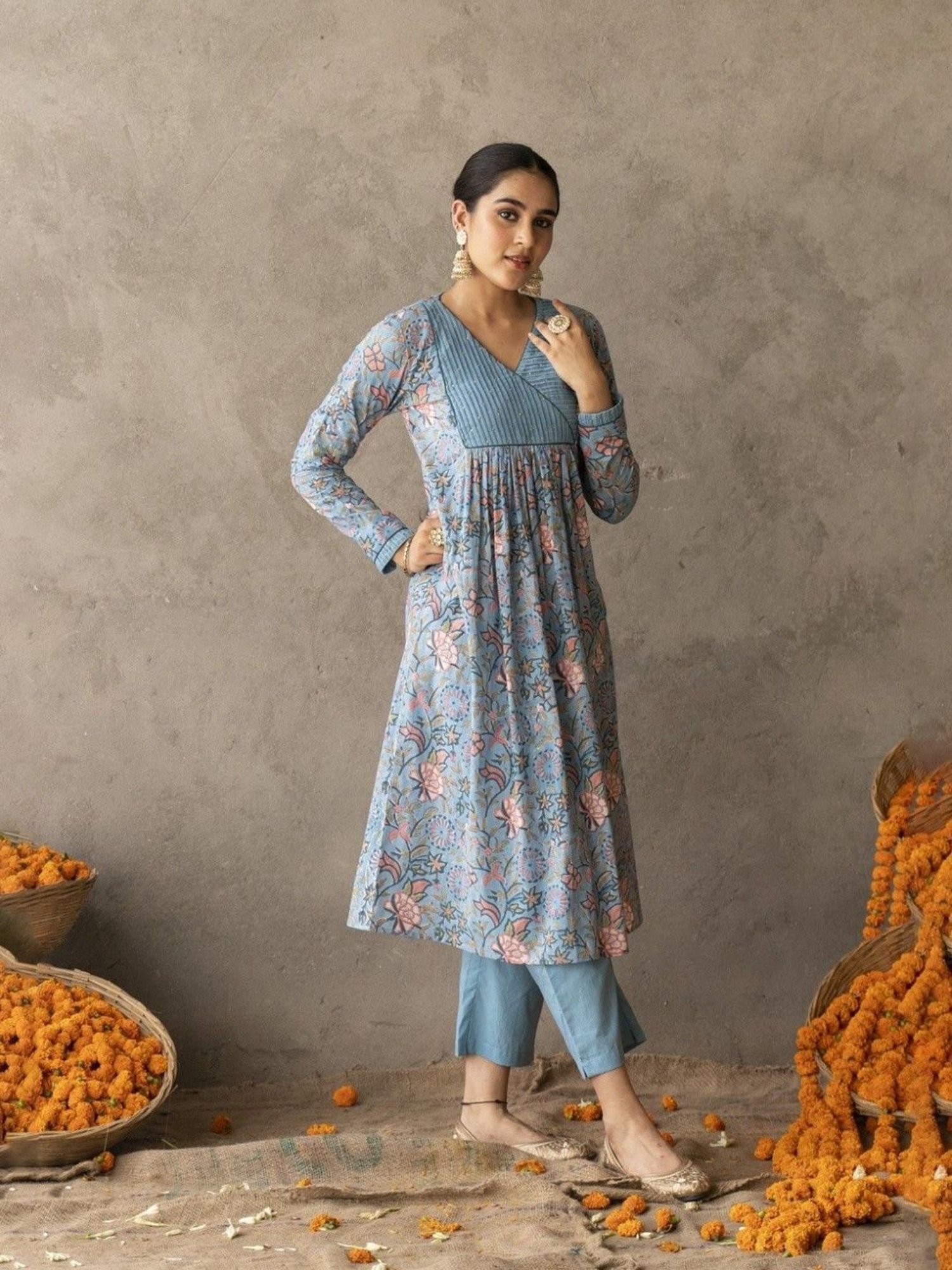 Akiso Reet Blue Block Printed With Yoke And Sleeve Detailed A Line Suit Set With Dupatta
