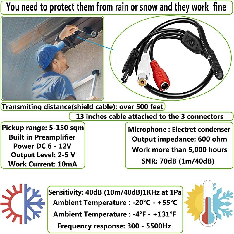Microphone Security Microphone Audio Microphone Tiny Outdoor Surveillance Microphone RCA Microphone DVR with High Sensitive Preamp Amplified Pickup Device Mic External Camera Sound 2Pack