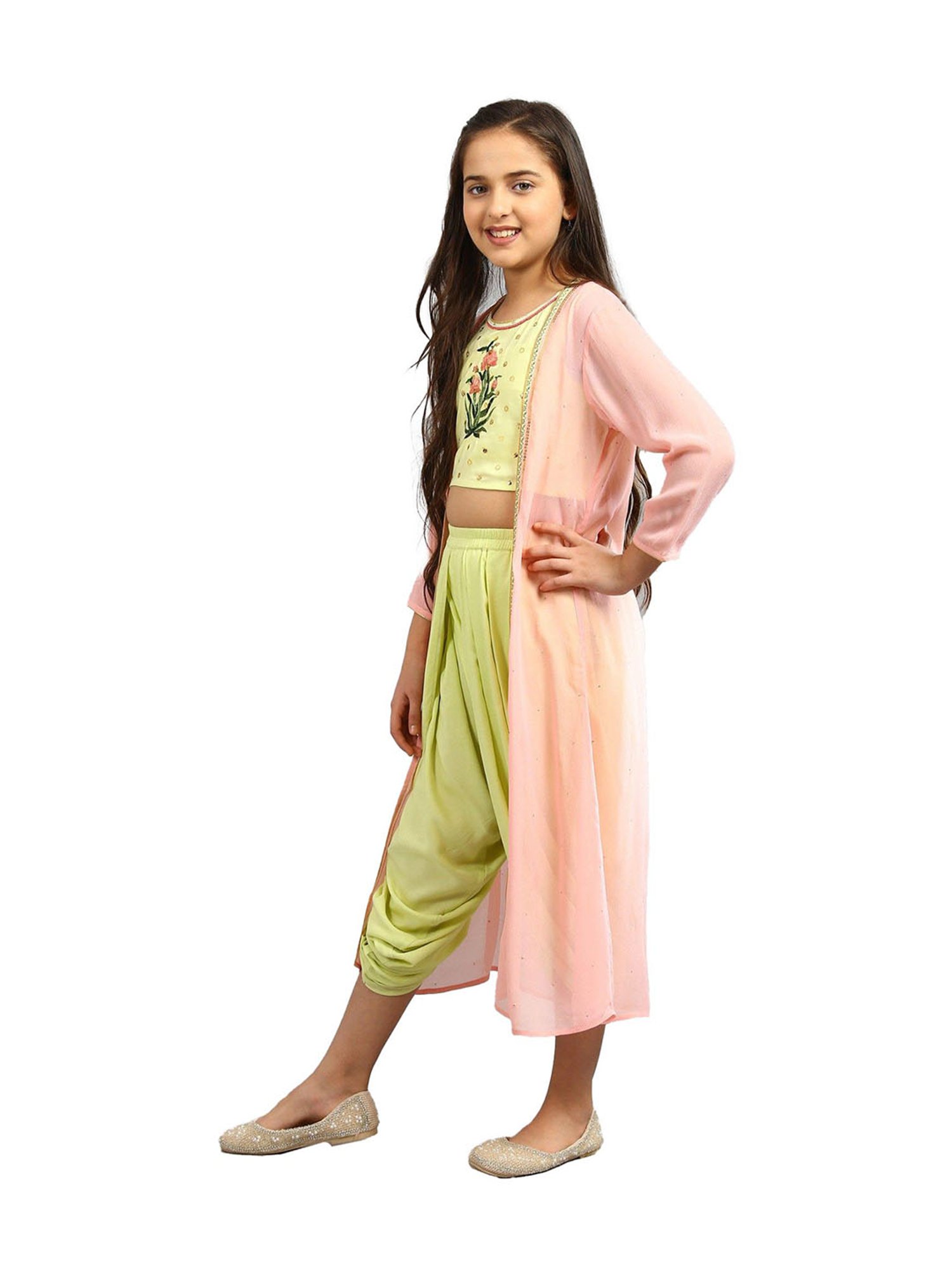 Aurelia Kids Green & Pink Embroidered Top, Salwar with Jacket