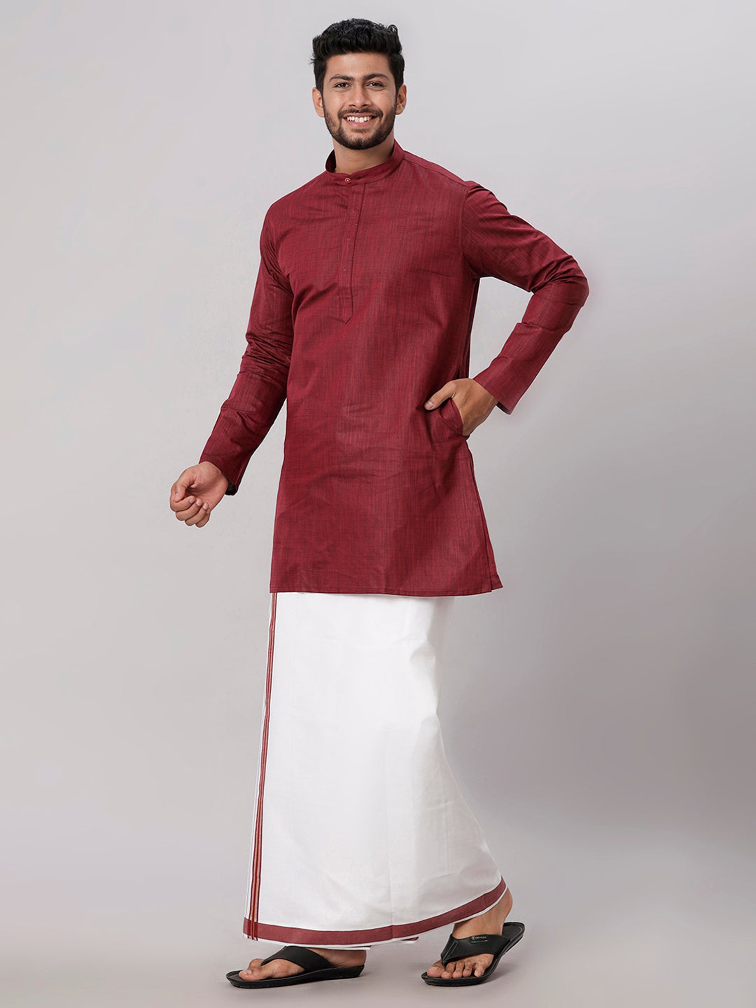 Ramraj Maroon Cotton Regular Fit Kurta Set with Bottom