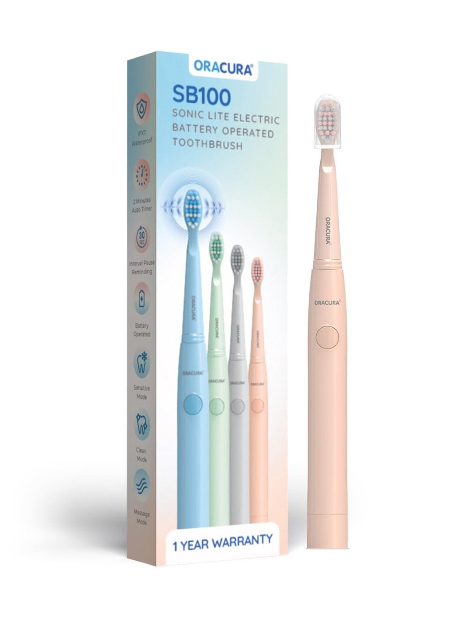 Oracura SB100 Sonic Lite Electric Battery Operated Toothbrush (Peach)