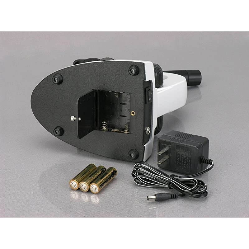 M149C-PB10-WM Compound Monocular Microscope, WF10x and WF25x Eyepieces, 40x-1000x Magnification, LED Illumination, Brightfield, Single-Lens Condenser, Plain Stage, 110V or Battery-Powered, Heavy-Duty