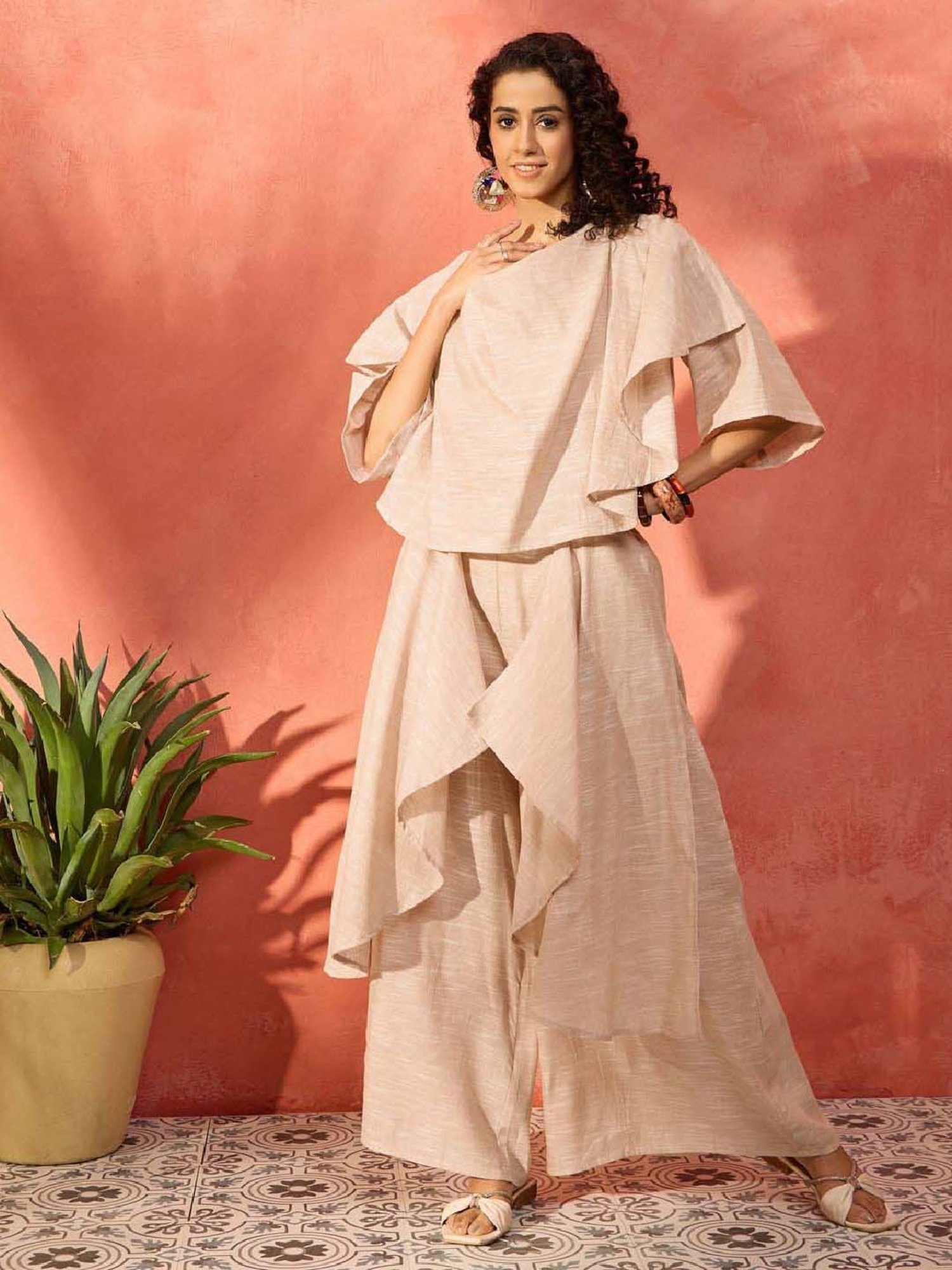 Inweave Beige Cotton Top & Palazzo Set