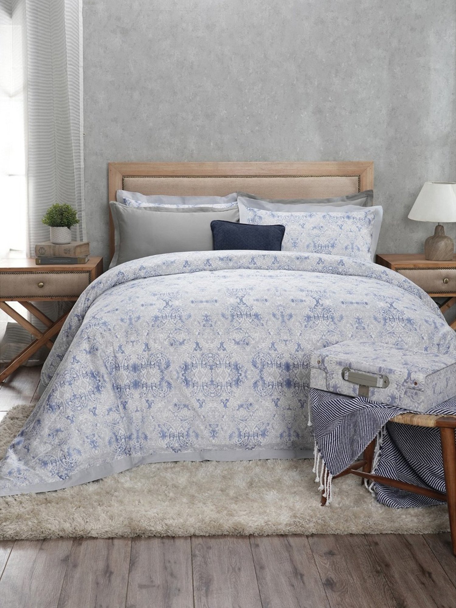 Maspar Vintage PRetro Baroque Printed Blue 400 TC Cotton King Duvet Cover With 2 Pillow Case