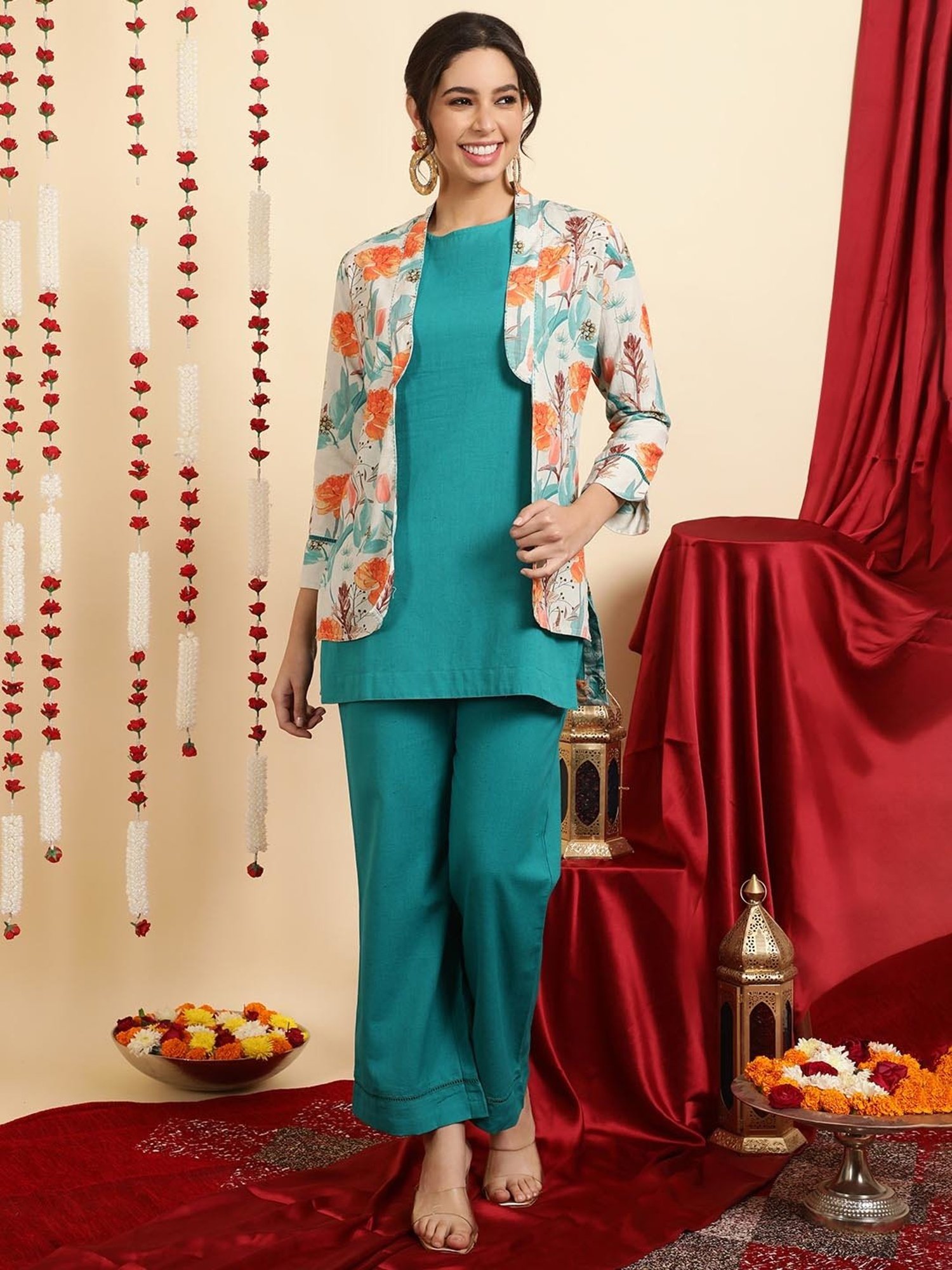 Jaipur Kurti Turquoise Printed Kurta & Palazzo Set With Shrug
