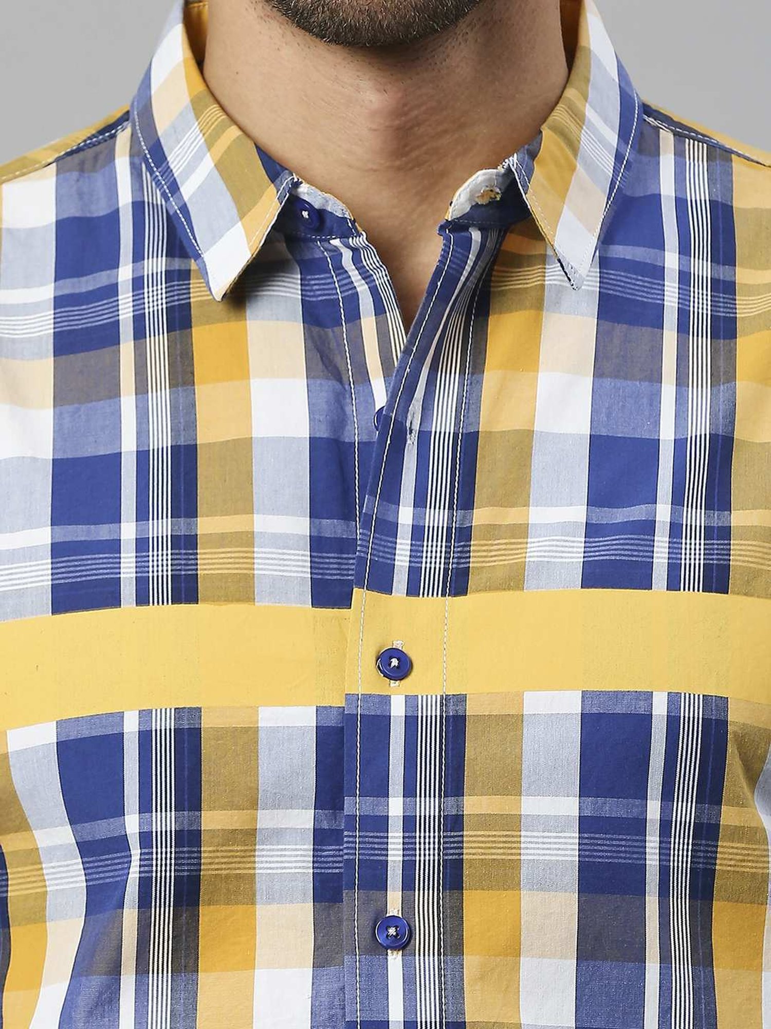 SOLEMIO Navy & Mustuard Cotton Slim Fit Checks Shirt