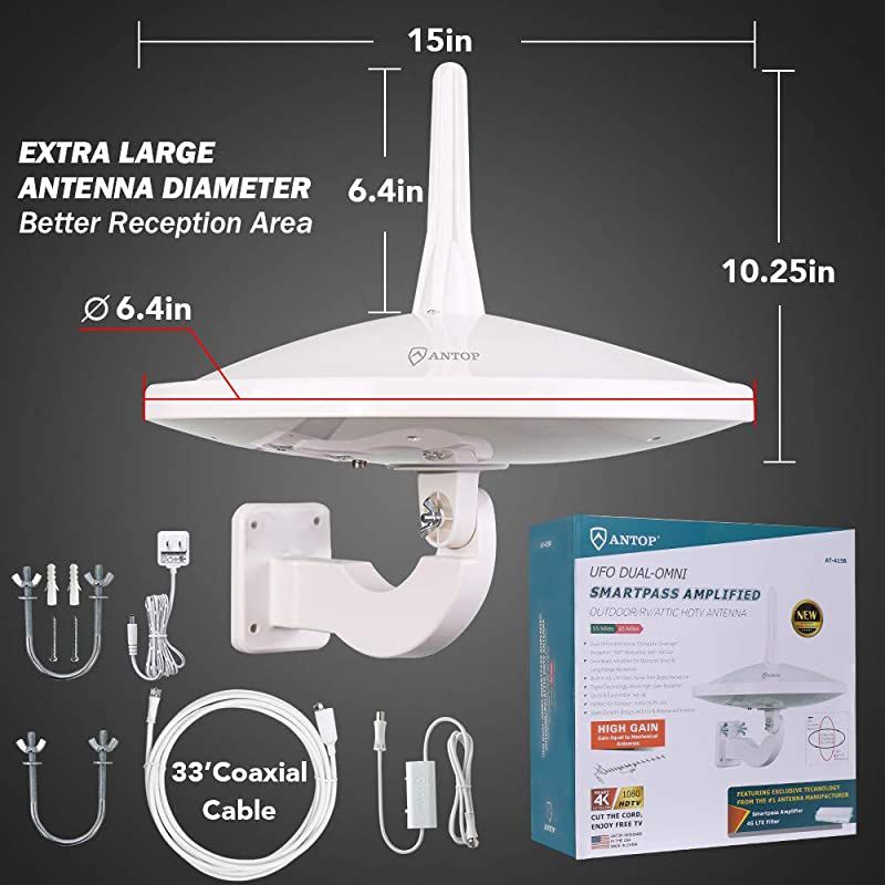 UFO 720&deg;Dual-Omni-Directional Outdoor HDTV Antenna Exclusive Smartpass Amplifier &4G LTE Filter,Enhanced VHF/UHF Reception,Fit Outdoor/RV/Attic Use(33ft Coaxial Cable,4K UHD Ready)