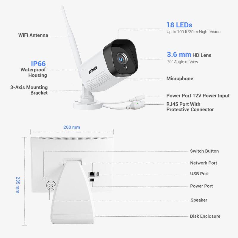 ANNKE 1080p Full HD WiFi NVR Video Surveillance System with 10.1&rsquo;&rsquo; LCD Monitor, Support 5MP Wireless IP Camera, Plug and Play Wireless Security System, 4 pcs IP Cameras With 1TB HDD