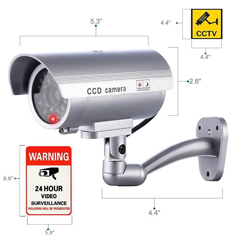 Dummy Security Camera Fake Cameras CCTV Surveillance System with Realistic Simulated LEDs for Home Security + Warning Sticker OutdoorIndoor Use 2 Pack