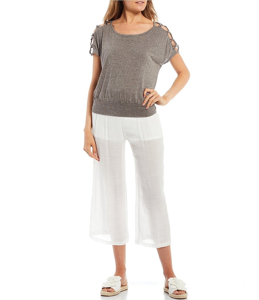 I.N. San Francisco Lattice Short-Dolman Sleeve Solid Knit Top