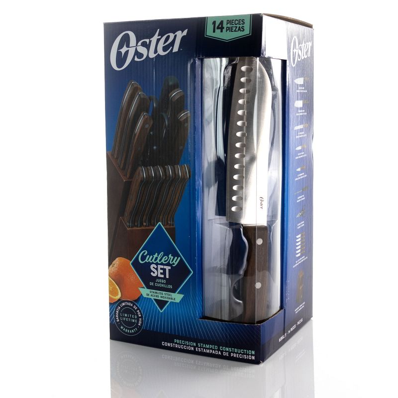 Oster Hensley 14 Piece Stainless Steel Cutlery Set in Black Walnut with Storage Block