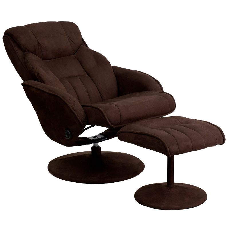 Emma and Oliver Multi-Position Recliner & Ottoman with Circular Wrapped Base in Brown Microfiber