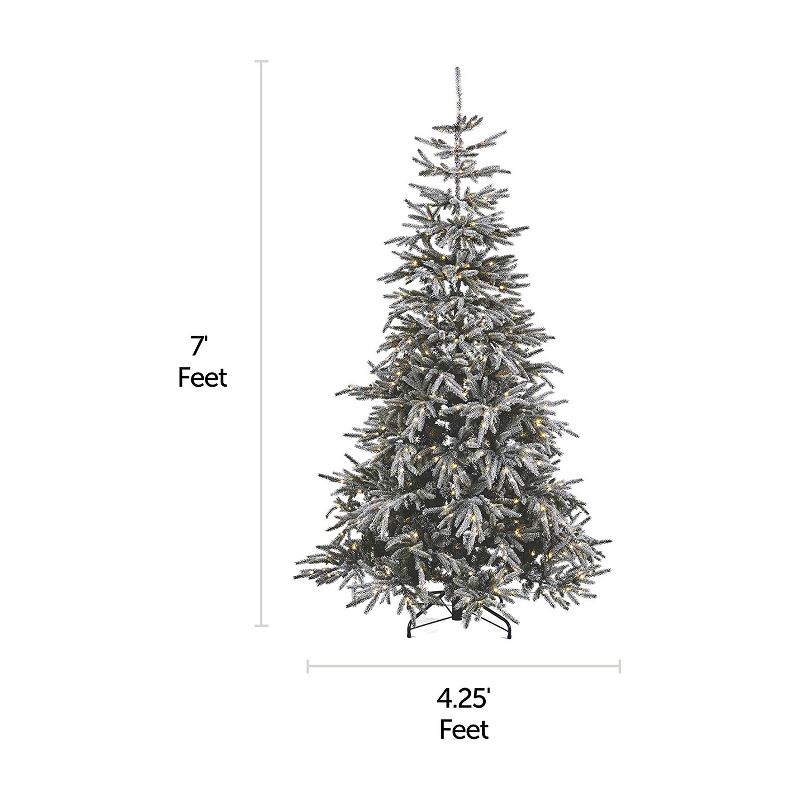 NOMA CTI1518409 7 Foot Artificial Snow Dusted Alpine White LED Light Pre Lit Christmas Tree with 650 Warm White Lights and Metal Stand, Green/White