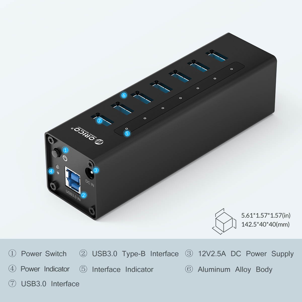 ORICO Aluminum 7 Ports USB 3.0 HUB with 3.3Ft. USB 3.0 Date Cable and 12V/2.5A Power Supply for Macbook,PC,Laptops (HUB is not a Charger,Data transfer Only)- Black (A3H7-V1-US)