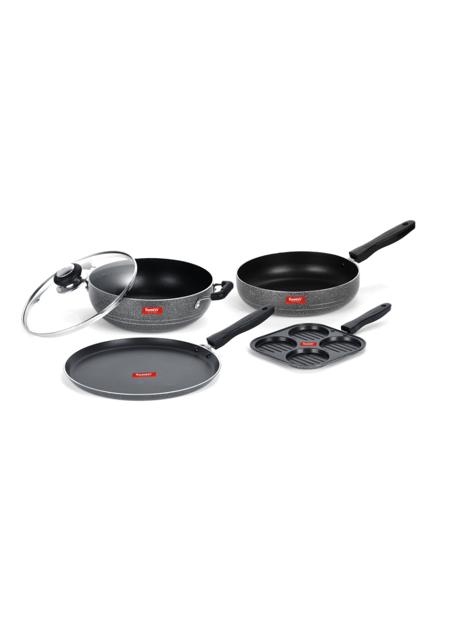 Sumeet NonStick Cookware Set(Dosa Tawa+Mini Multi Snack Maker+Kadhai With Glass Lid +Frypan)