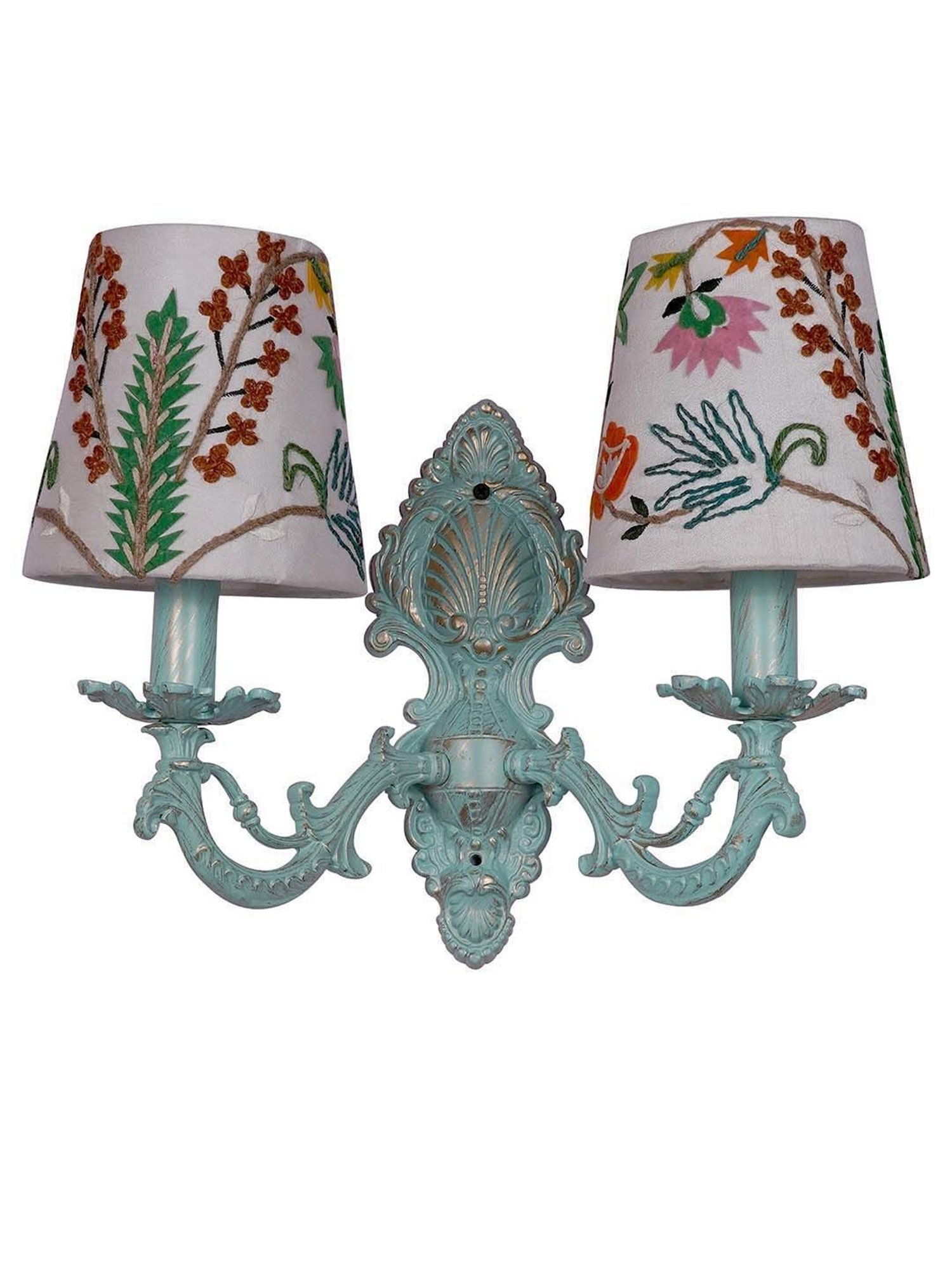 FOS LIGHTING Distressed White & Green Aluminium 2-In-1 Wall Sconce With Fabric Shades