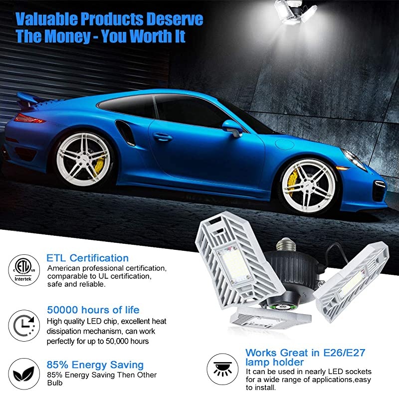 Garage Light Tanbaby Garage Light Triple Light E26E27 Garage Lights Ceiling 60W Deformable Adjustable Light Garage Lighting Garage Light Bulb for Garage Working Light NO Sensor