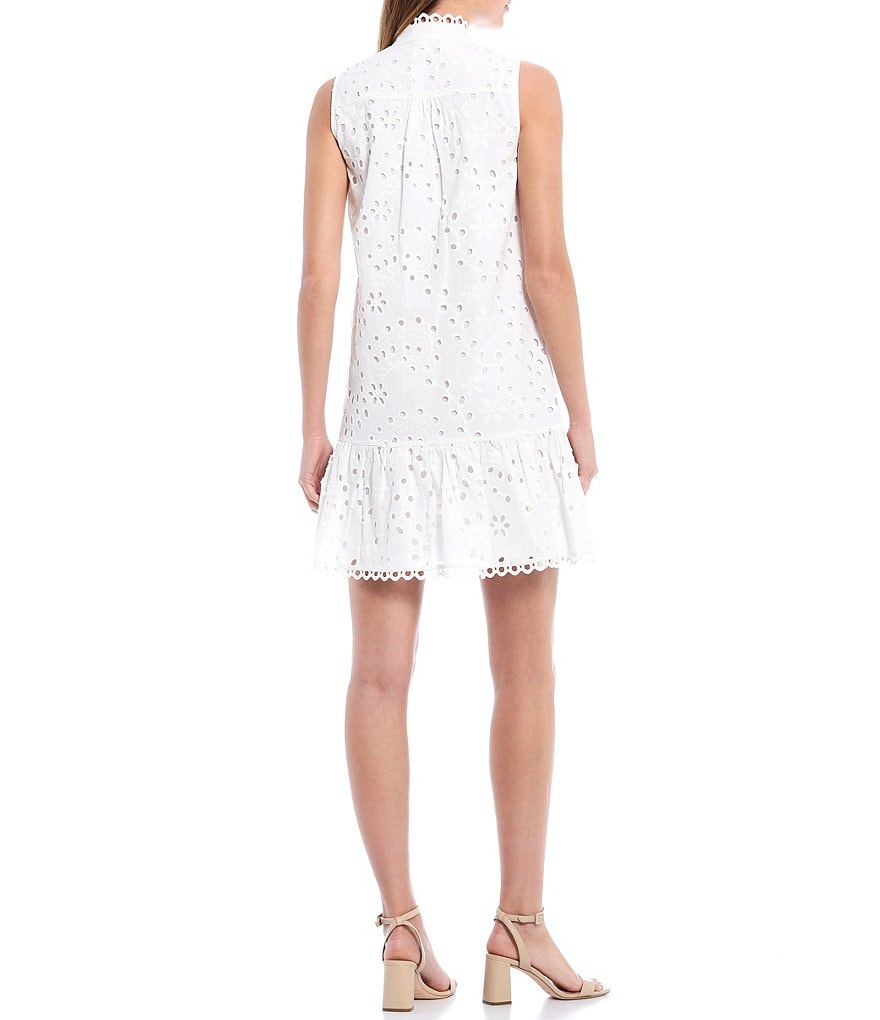 Eliza J Eyelet Ruffle Hem Sleeveless Button-front Mock Neck Dress