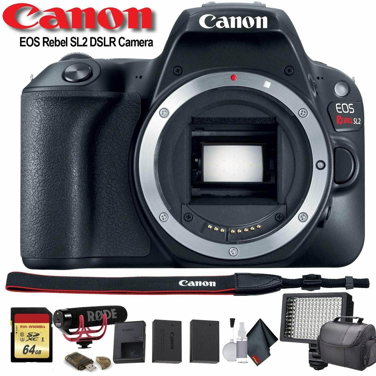 Canon EOS Rebel SL2 DSLR Camera (2249C001) W/ Bag, Extra Battery, LED Light, Mic, Filters and More - Advanced Bundle