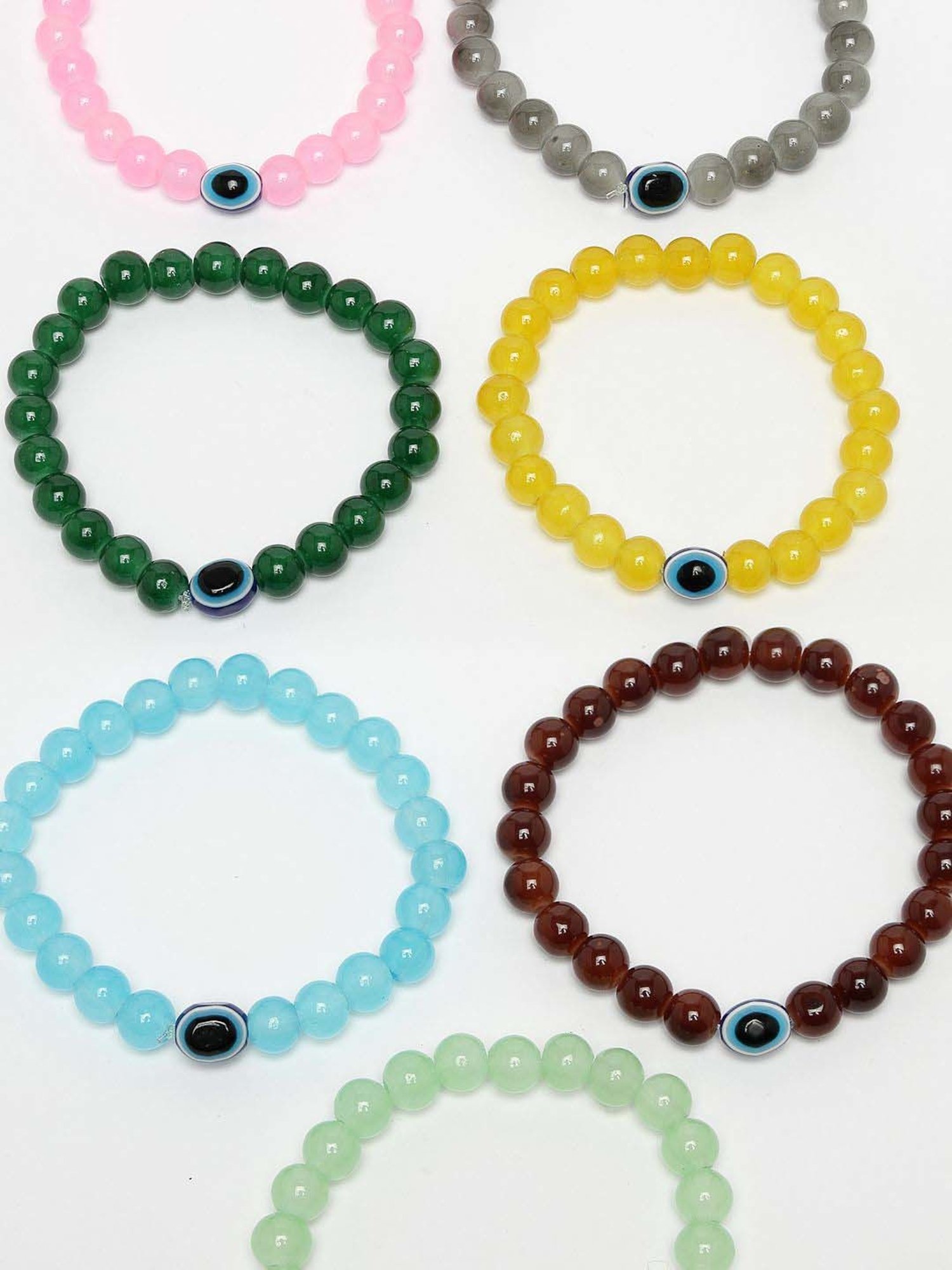 NVR Crystals Beaded Evil Eye Elasticated Bracelet for Unisex - Set Of 7