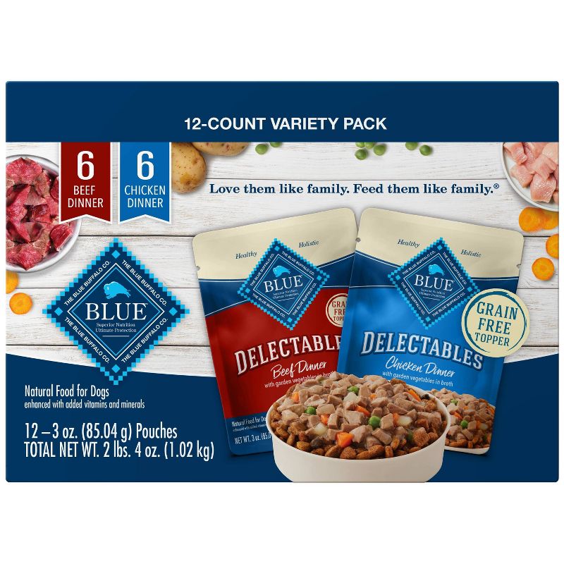 Blue Buffalo Delectables Grain Free Beef & Chicken Dinners Wet Dog Food Topper - 3oz/12ct Variety Pack