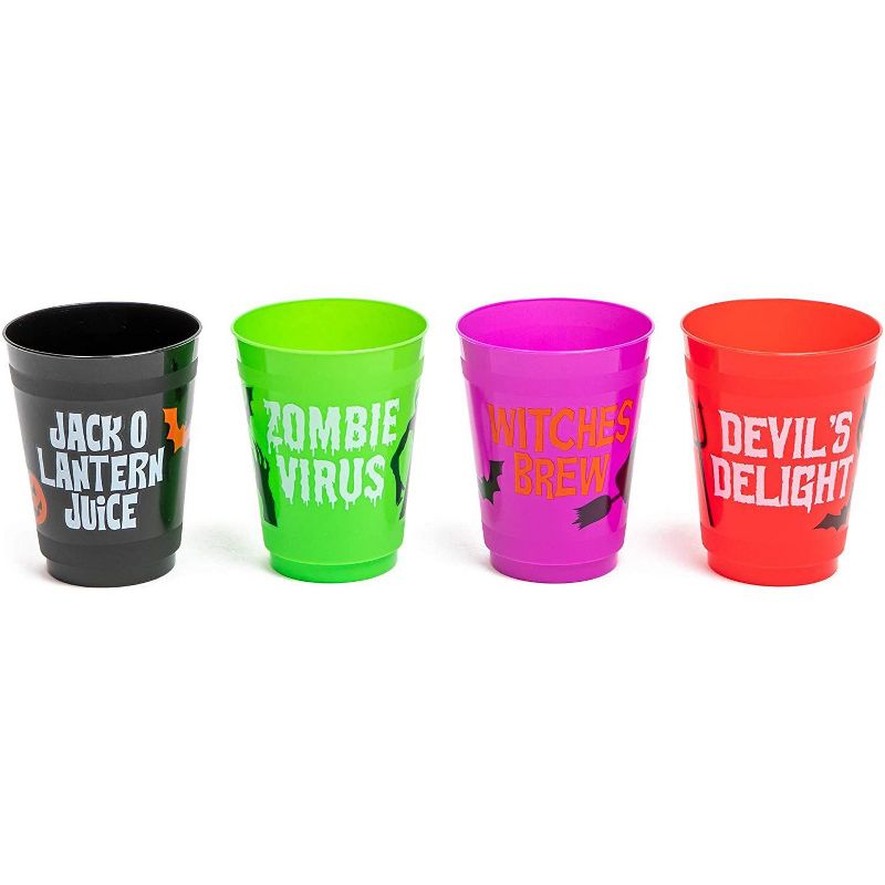 Spooky Central 24 Pack Halloween Plastic Party Cups, Witches Brew, Zombie Juice, Devil's Delight, Jack O Lantern Juice (16 oz)