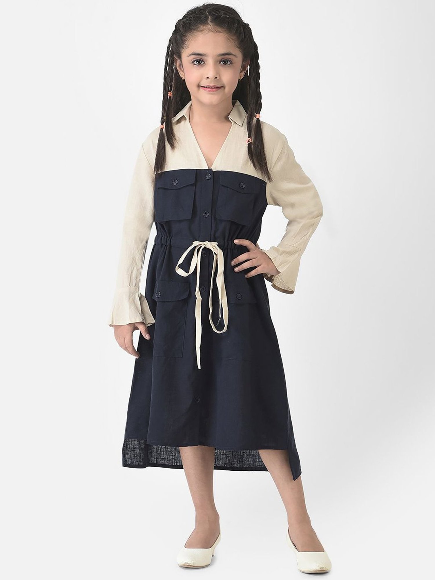 Crimsoune Club Kids Navy & Cream Color Block Full Sleeves Dress