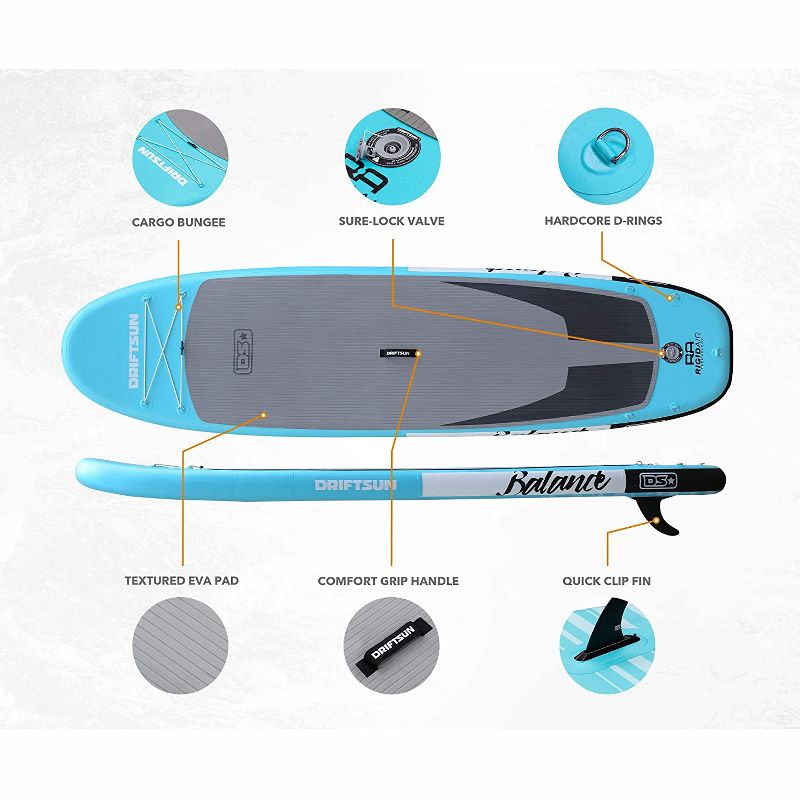Driftsun 11 Foot Extra Wide Inflatable Stand Up Paddle Board Package with Rolling Travel Storage Backpack, Foldable Aluminum Pole, and More, Teal