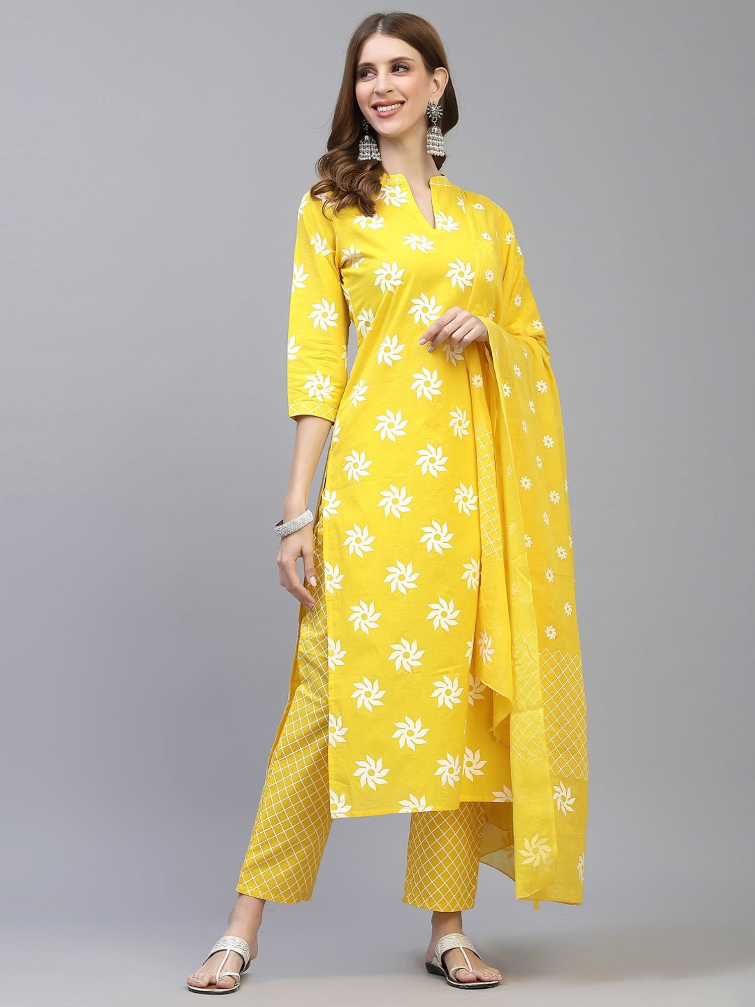 Stylum Mustard Cotton Printed Kurta Pant Set With Dupatta