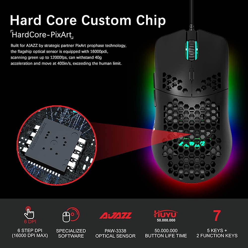 A-jazz AJ390 Gaming Mouse with 16,000 DPI Optical Sensor Chroma RGB Lighting,69g Lightweight Honeycomb Shell, Ultraweave Cable,6 Programmable Buttons for PC Gamer
