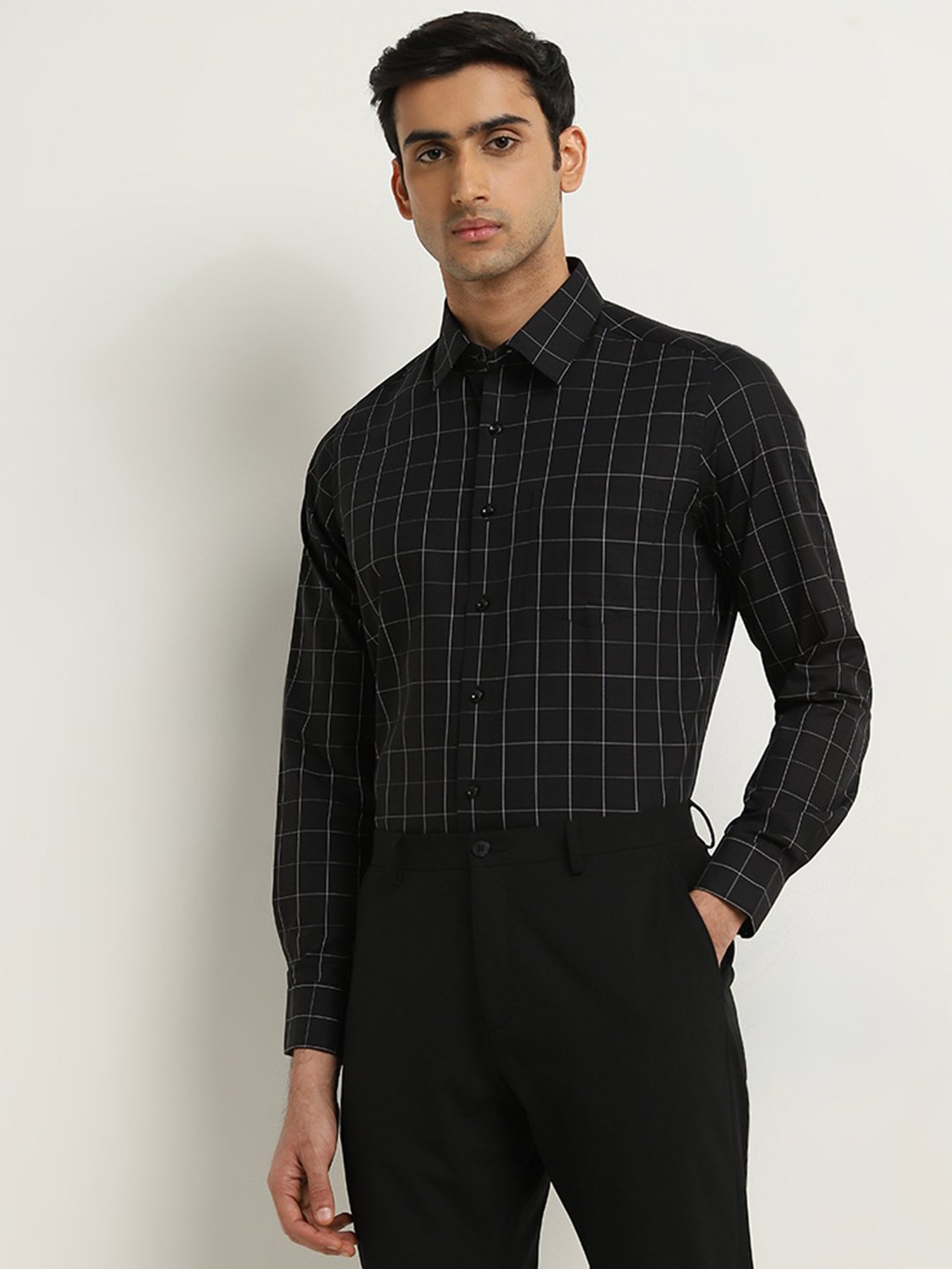 WES Formals by Westside Black Checks Printed Slim-Fit Shirt