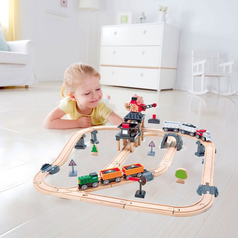 Hape E3756 Crane and Cargo Railway Train Mining Loader Set with Hoisting Magnetic Crane for Trains, Trucks, and Cargo, Multicolor
