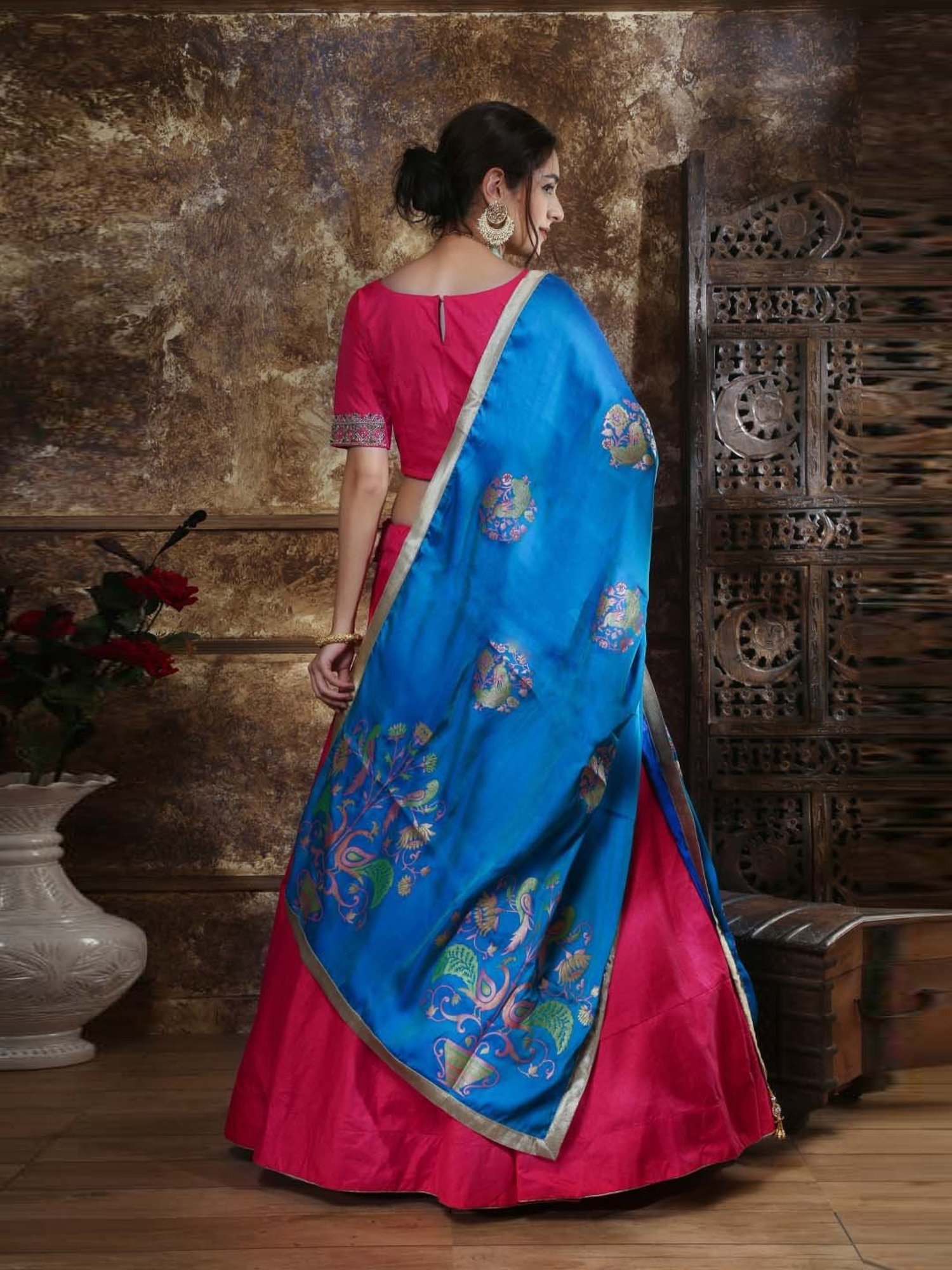 SHUBHKALA Pink & Blue Lehenga Choli Set With Dupatta