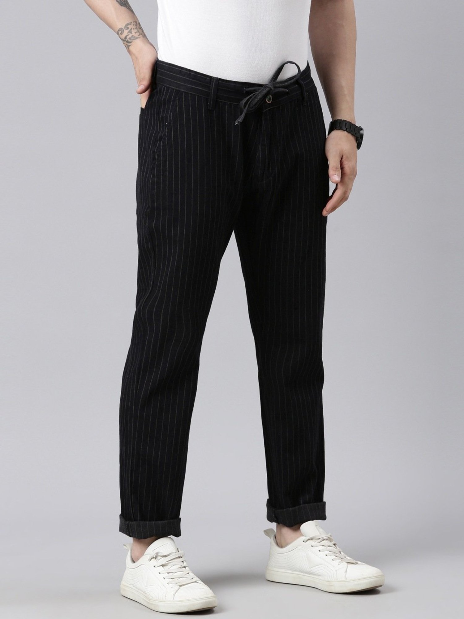 CINOCCI Black Cotton Straight Fit Striped Trousers