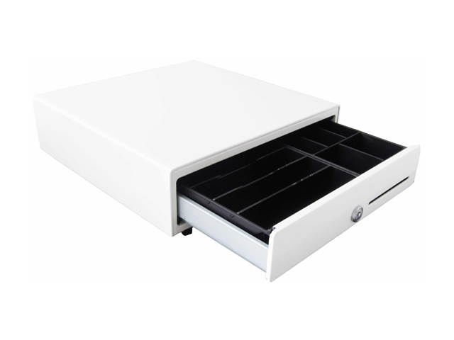 APG Vasario Series Standard Duty Cash Drawer, 13&rdquo; x 13&rdquo;, Single Media Slot, Multipro 24V, Fixed 4x4 Till (US Currency), Painted Front, All-White, Requires Cable &ndash;VB320-AW1313-B27