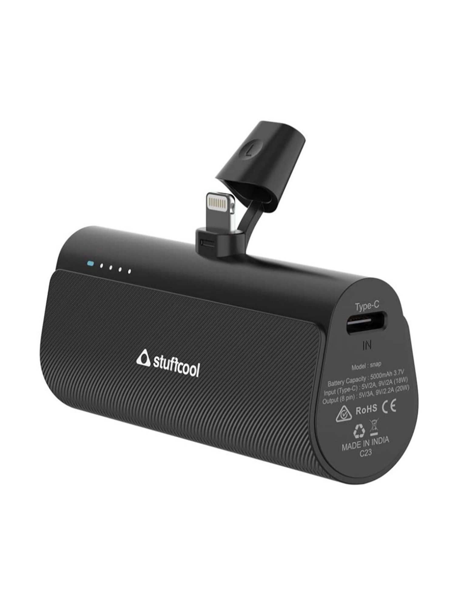 Stuffcool Snap 5000mAh Super Compact Lightning Power Bank with 20W PD Output (Black)