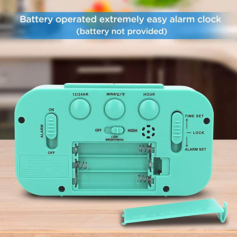 Battery Operated Smart Night Light Digital Alarm Clock with Indoor Temperature Mint