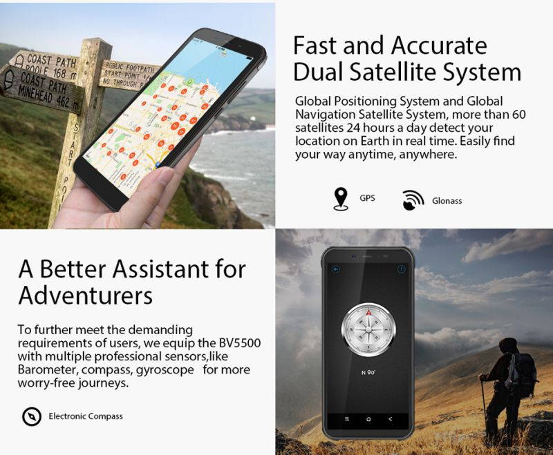 BV5500 IP68 Waterproof Mobile Phone Dual SIM Rugged Smartphone MTK6580P 3GB+16GB 5.5" 18:9 Screen 4400mAh Android 8.1