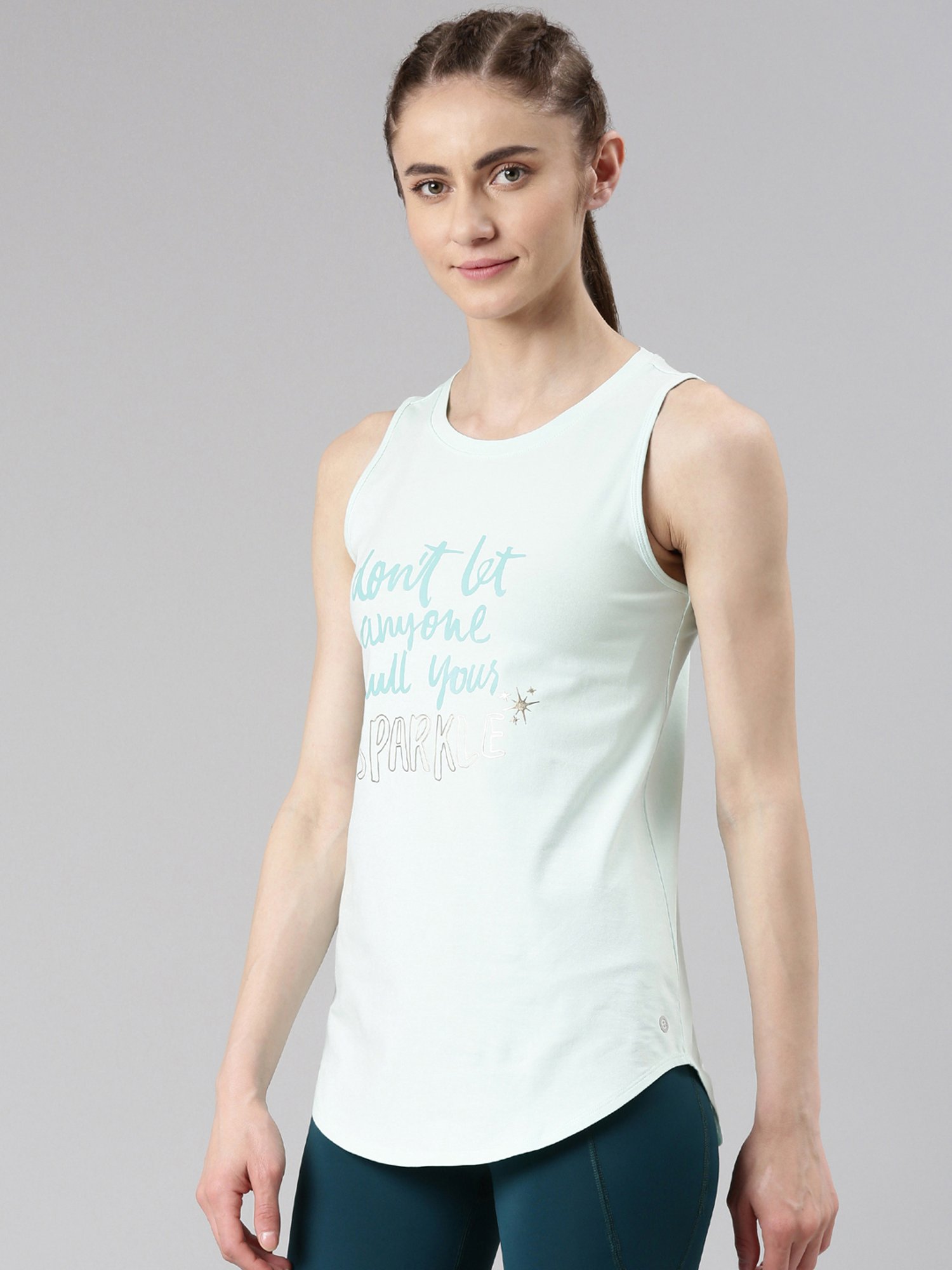 Enamor Blue Cotton Graphic Print Tank Top