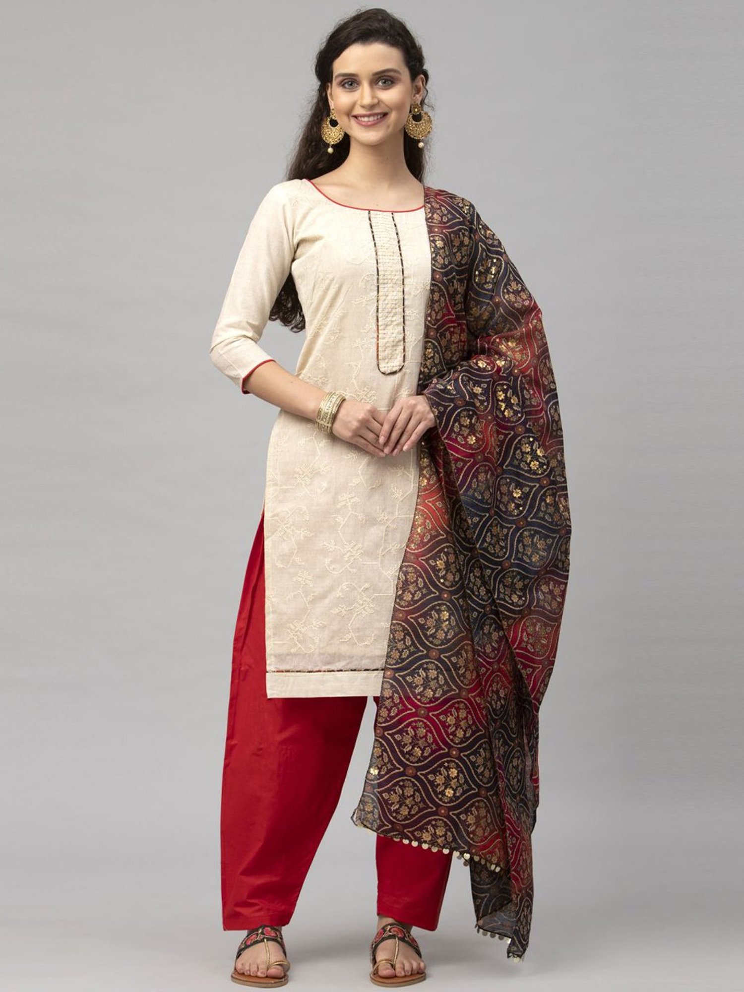 Satrani Beige & Red Embroidered Unstitched Dress Material