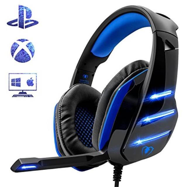 ps4 gaming headset with mic, beexcellent newest deep bass stereo sound over ear headphone with noise isolation led light for pc laptop tablet mac blue