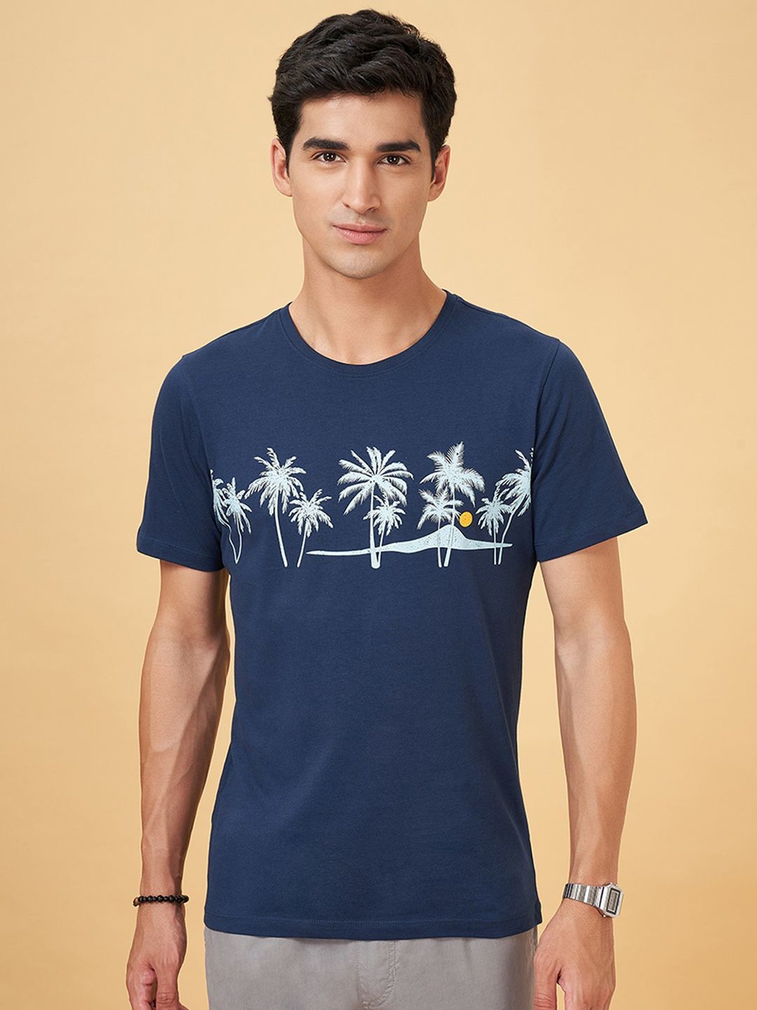 Urban Ranger By Pantaloons Dark Blue Cotton Slim Fit Printed T-Shirt
