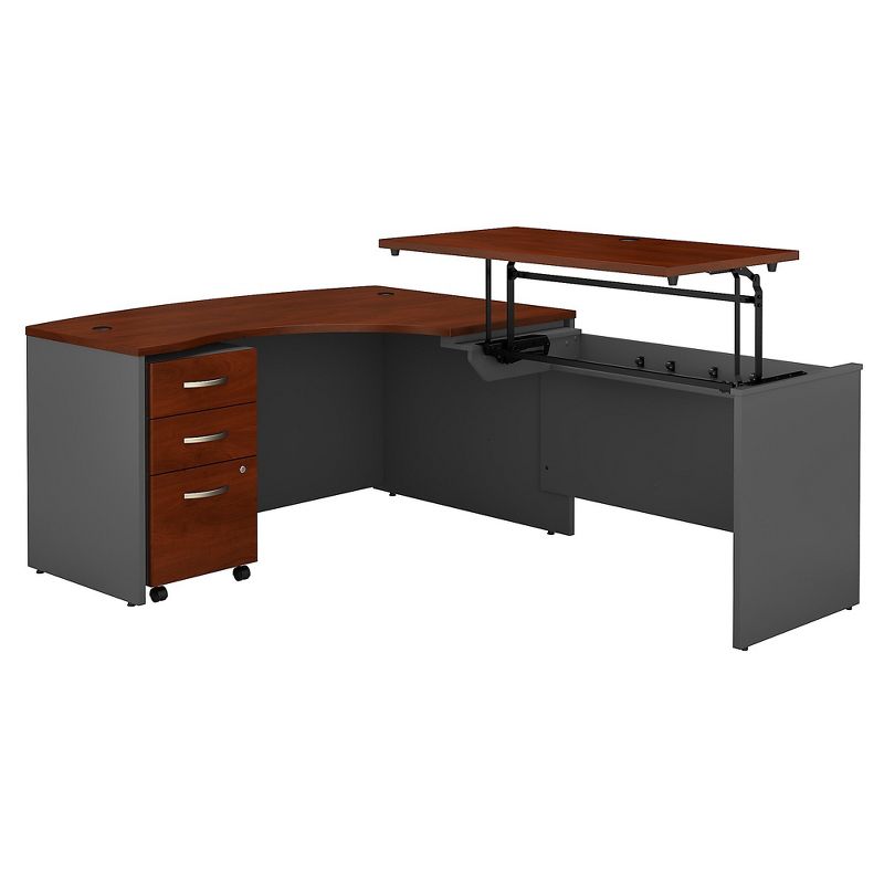 Bush Business Furniture 60Wx43D Right Hand 3 Pos Sit-Stand L Desk w/File Cab, Hansen Cherry