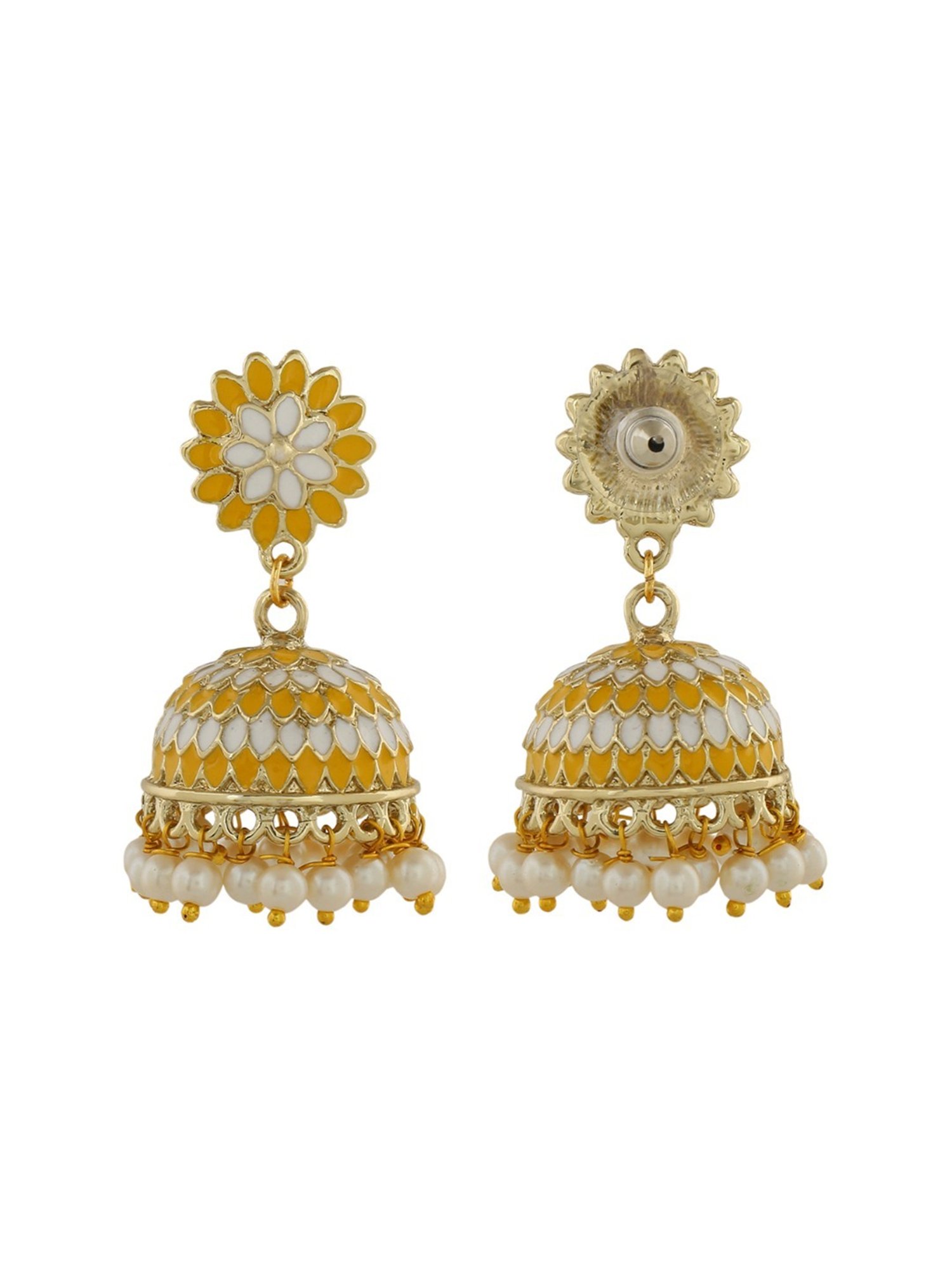 Estele Gold-Plated Traditional Yellow Meenakari Jhumki Earrings