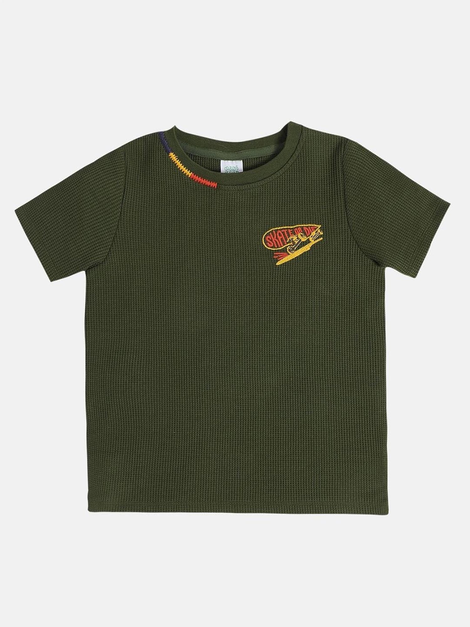 MINIKLUB Boys Olive Green Cotton Printed T-Shirt