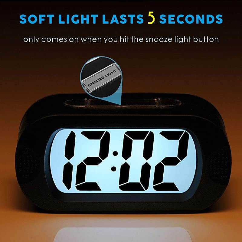 Alarm Clock Plumeet Large Digital LCD Travel Alarm Clocks with Snooze and Night Light Ascending Sound and Handheld Sized Best Gift for Black