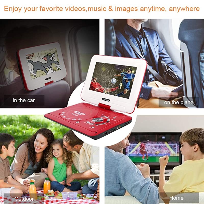 98 Portable DVD Player Supports SD CardUSB PortCDDVD Rede Controller2 Hour Rechargeable Battery 9 EyeProtective Screen Support AVinOutRegion Free Red
